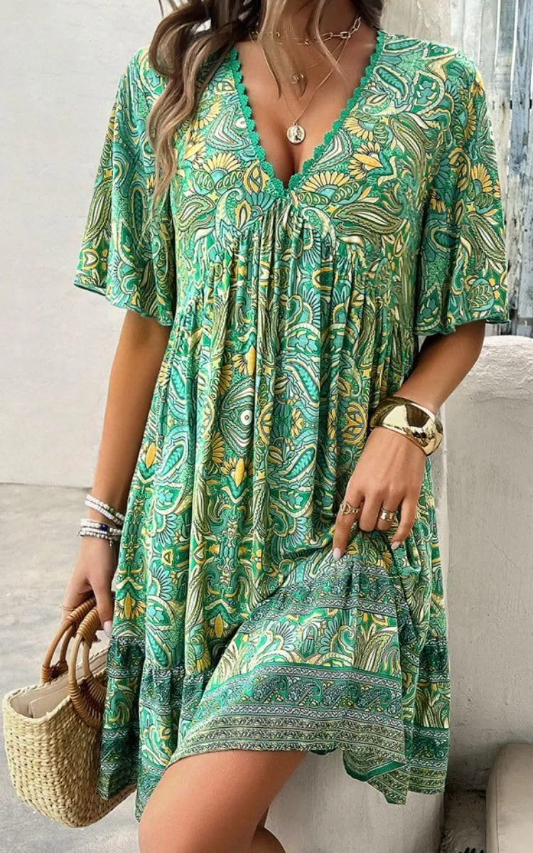 Women's Boho Floral Printed Lace Dress Loose V-Neck Summer Casual Beach Flowy Ruffle Sleeve Babydoll Dress