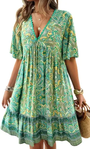 Women's Boho Floral Printed Lace Dress Loose V-Neck Summer Casual Beach Flowy Ruffle Sleeve Babydoll Dress