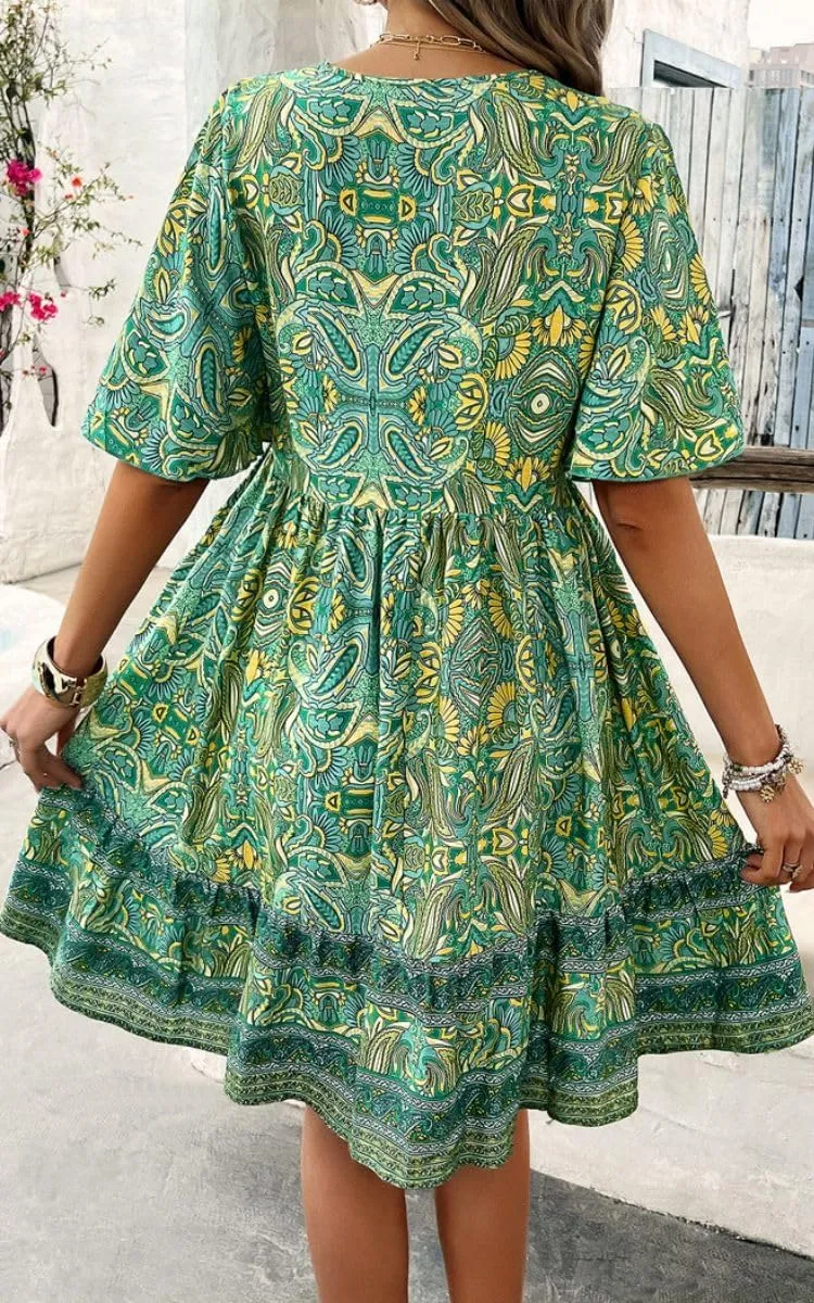 Women's Boho Floral Printed Lace Dress Loose V-Neck Summer Casual Beach Flowy Ruffle Sleeve Babydoll Dress
