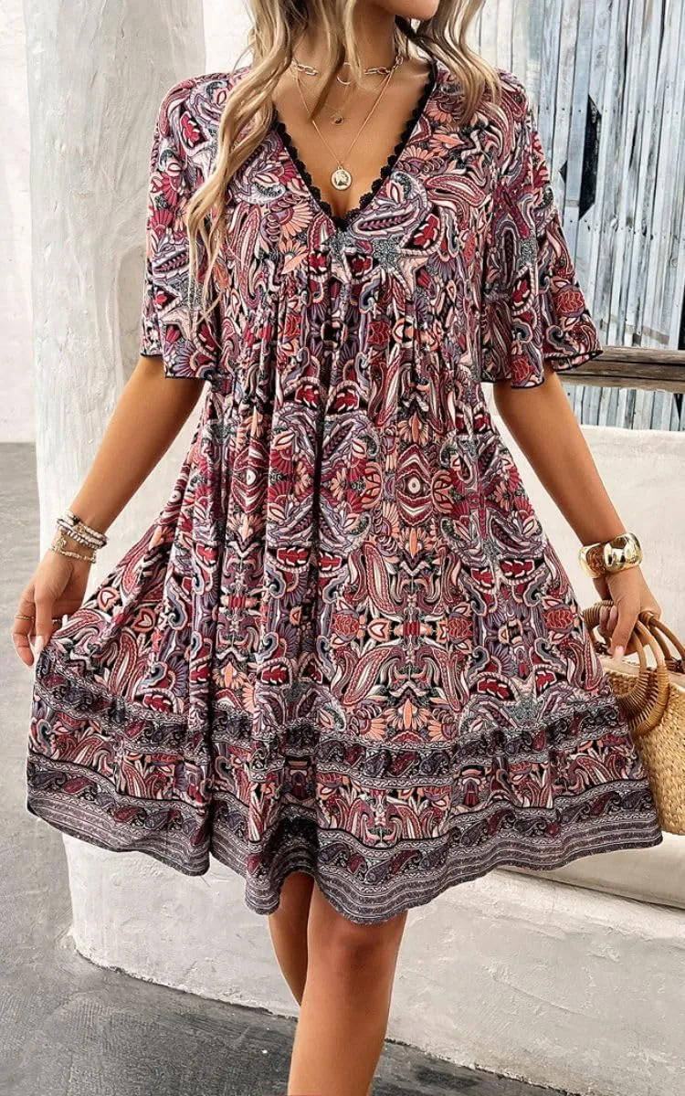 Women's Boho Floral Printed Lace Dress Loose V-Neck Summer Casual Beach Flowy Ruffle Sleeve Babydoll Dress