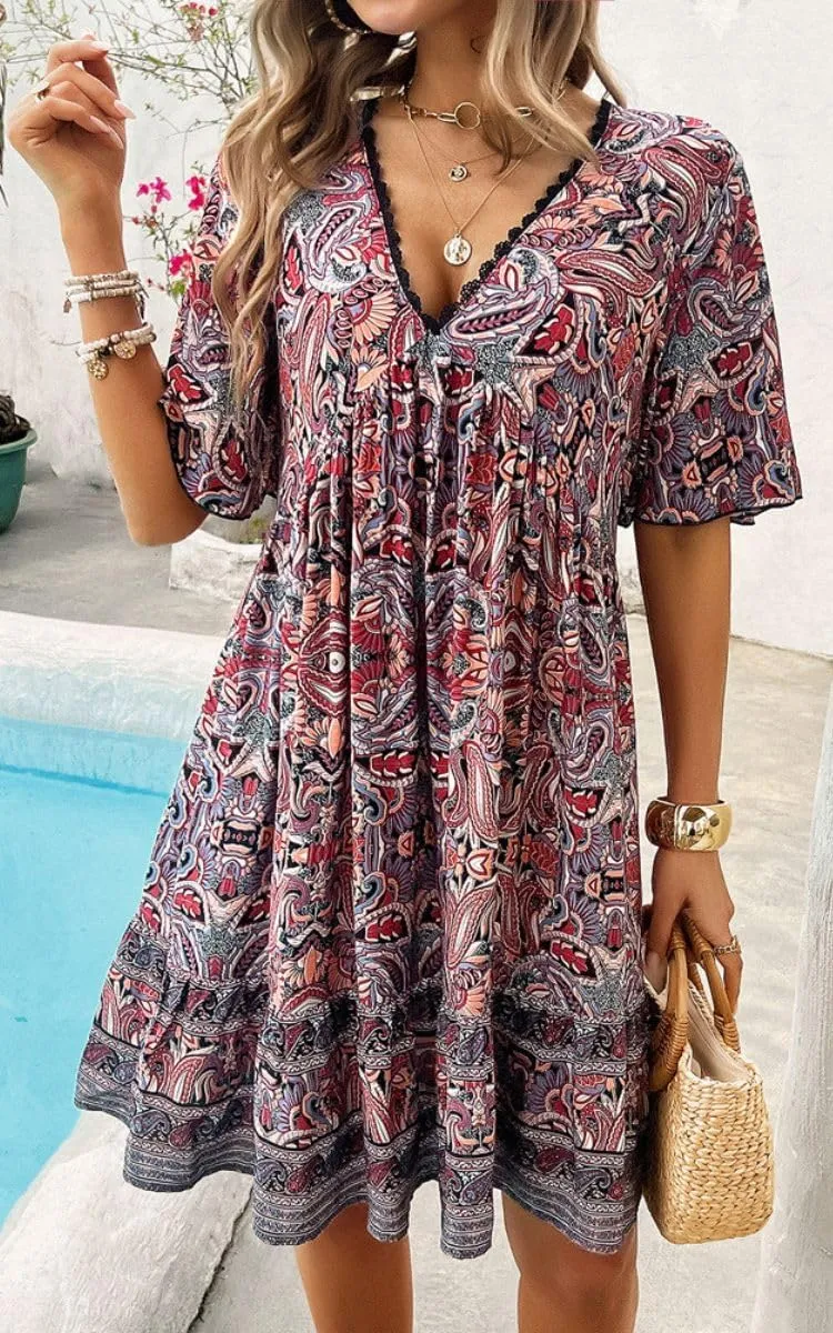 Women's Boho Floral Printed Lace Dress Loose V-Neck Summer Casual Beach Flowy Ruffle Sleeve Babydoll Dress