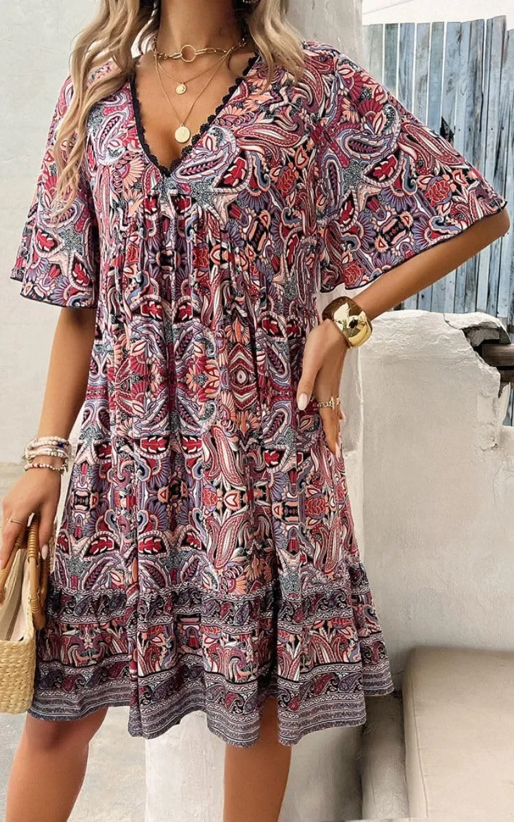 Women's Boho Floral Printed Lace Dress Loose V-Neck Summer Casual Beach Flowy Ruffle Sleeve Babydoll Dress