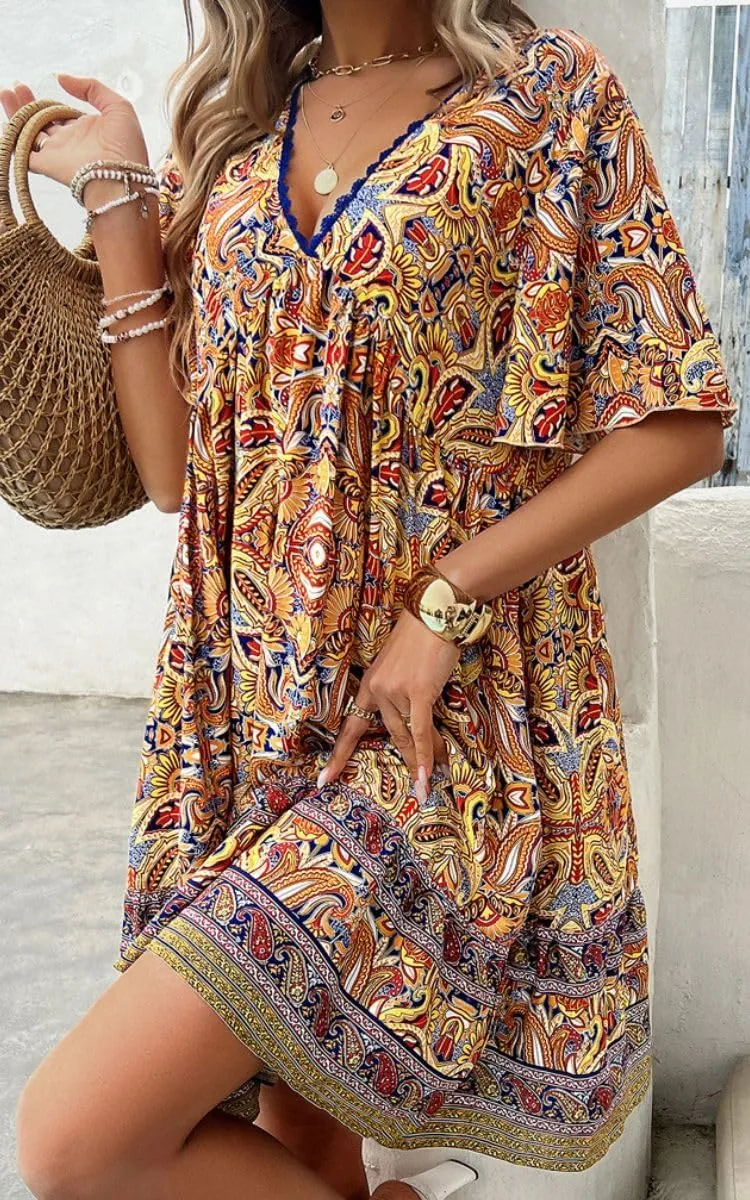 Women's Boho Floral Printed Lace Dress Loose V-Neck Summer Casual Beach Flowy Ruffle Sleeve Babydoll Dress
