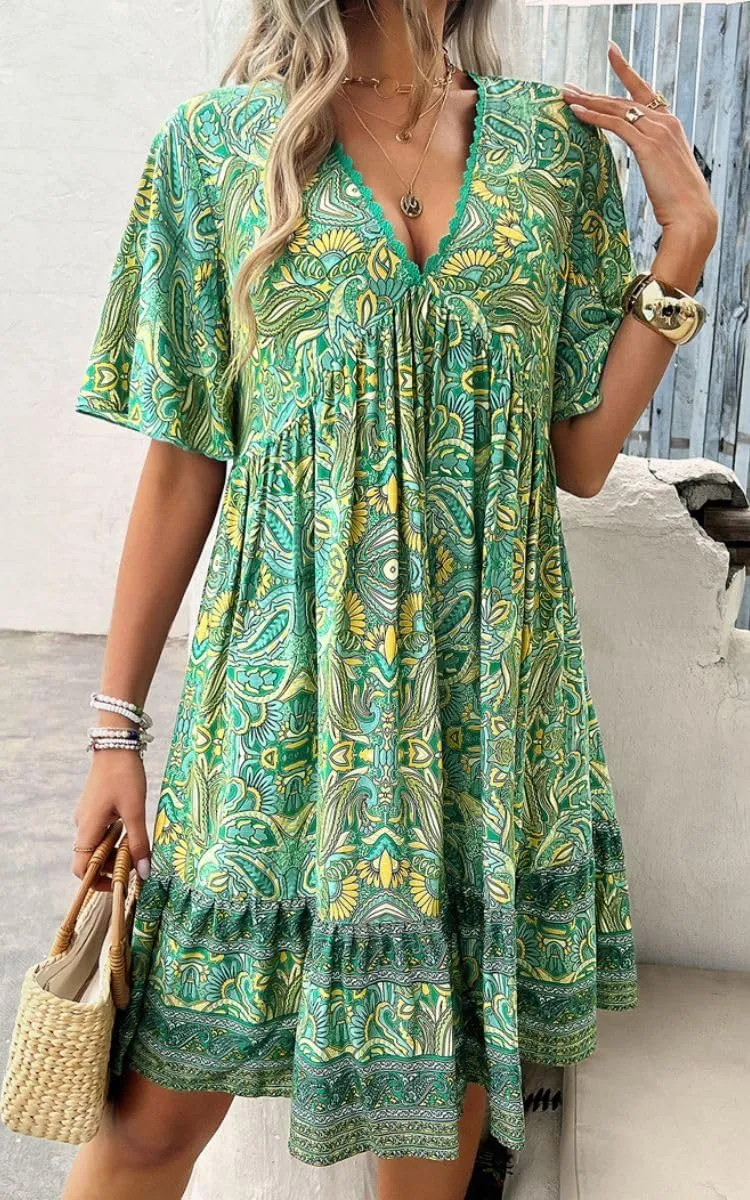 Women's Boho Floral Printed Lace Dress Loose V-Neck Summer Casual Beach Flowy Ruffle Sleeve Babydoll Dress