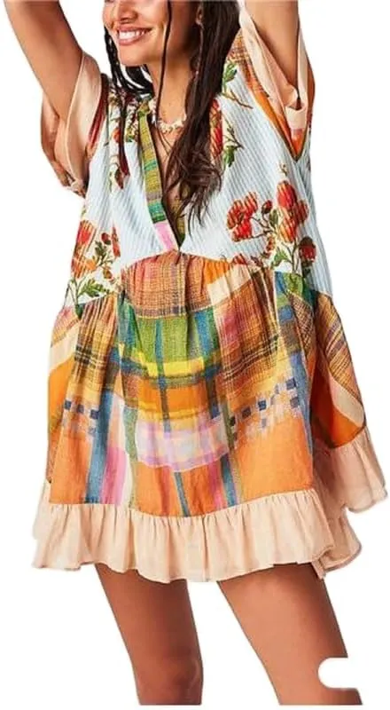 Womens Boho Mini Dress Y2k Floral Deep V-Neck Puff Sleeve Short Dresses 2024 Summer Causal Beach Sundress