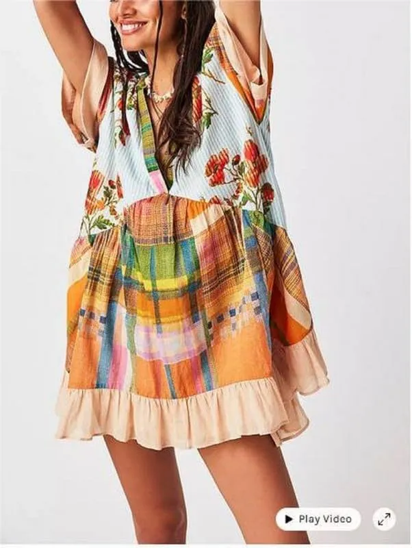 Womens Boho Mini Dress Y2k Floral Deep V-Neck Puff Sleeve Short Dresses 2024 Summer Causal Beach Sundress