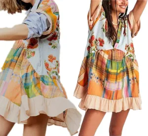 Womens Boho Mini Dress Y2k Floral Deep V-Neck Puff Sleeve Short Dresses 2024 Summer Causal Beach Sundress