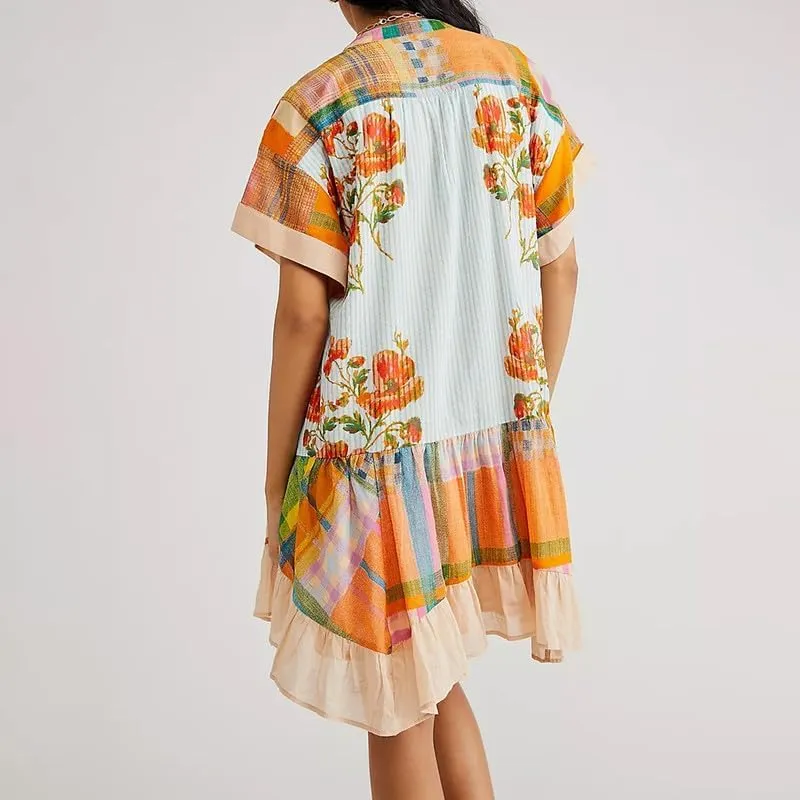 Womens Boho Mini Dress Y2k Floral Deep V-Neck Puff Sleeve Short Dresses 2024 Summer Causal Beach Sundress
