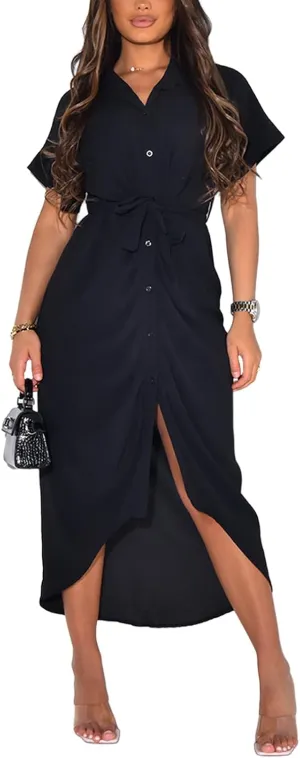 Women's Button Down Ruched Shirt Dresses Casual Short Sleeve Belted Summer Maxi Dress