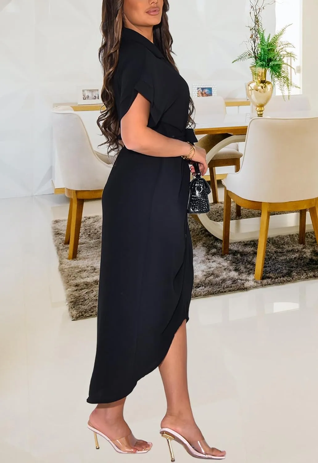 Women's Button Down Ruched Shirt Dresses Casual Short Sleeve Belted Summer Maxi Dress