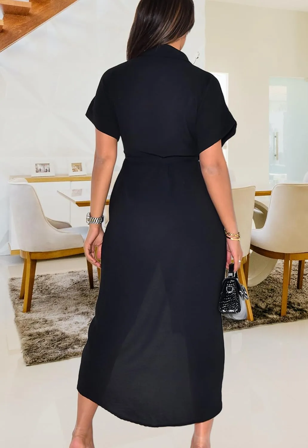 Women's Button Down Ruched Shirt Dresses Casual Short Sleeve Belted Summer Maxi Dress