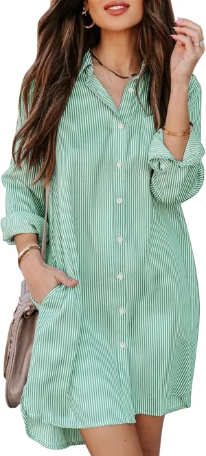 Womens Button Down Shirt Dresses with Pockets Cotton Striped Shirts Collared Tunics Long Sleeve High Low Blouse Tops