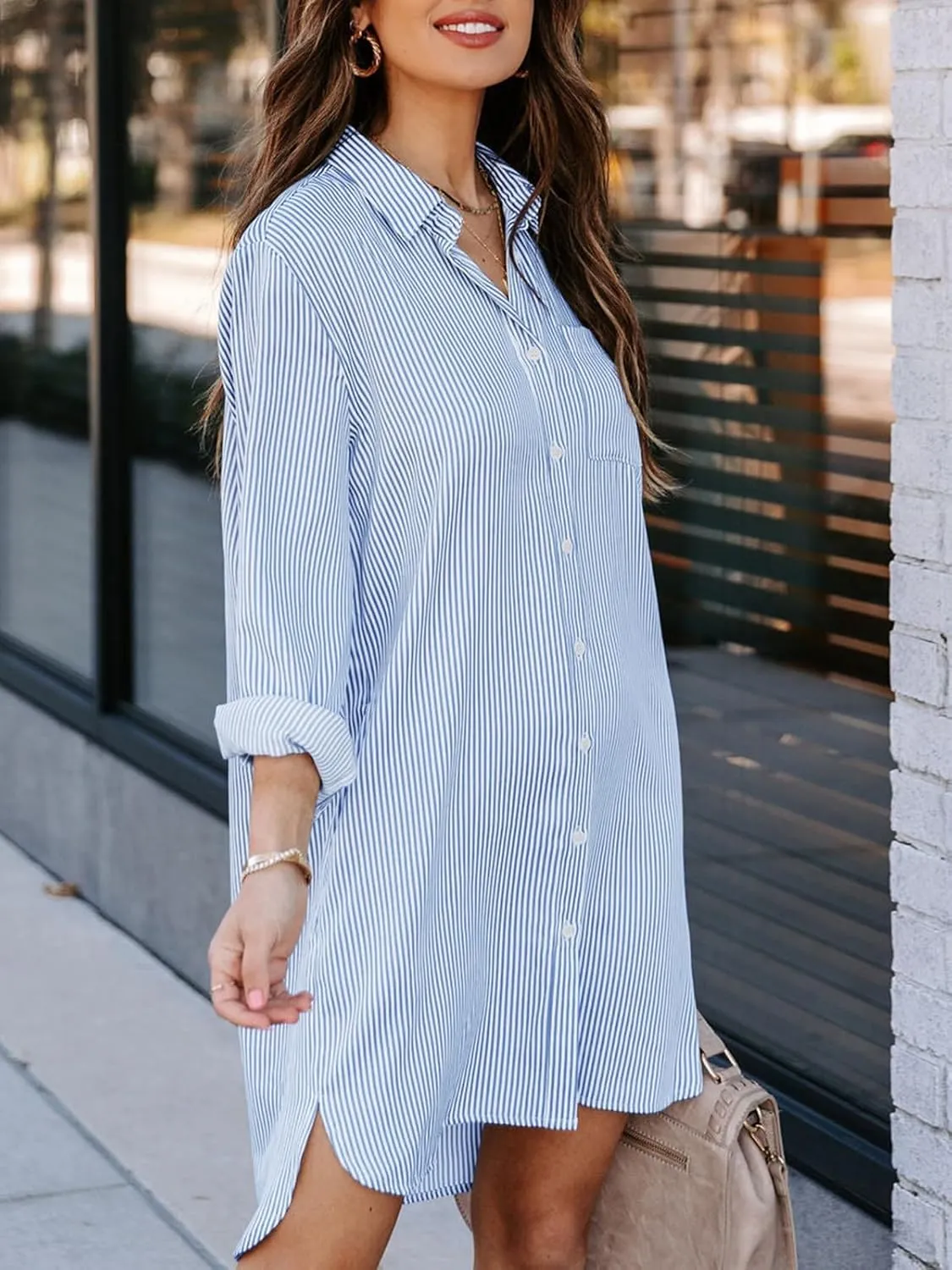 Womens Button Down Shirt Dresses with Pockets Cotton Striped Shirts Collared Tunics Long Sleeve High Low Blouse Tops