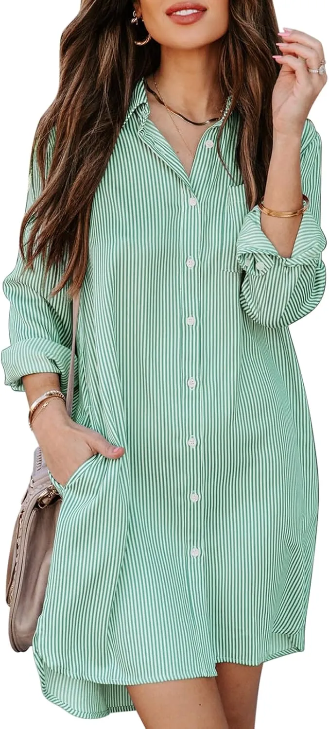 Womens Button Down Shirt Dresses with Pockets Cotton Striped Shirts Collared Tunics Long Sleeve High Low Blouse Tops