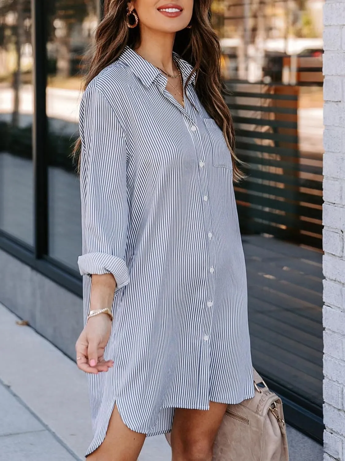 Womens Button Down Shirt Dresses with Pockets Cotton Striped Shirts Collared Tunics Long Sleeve High Low Blouse Tops