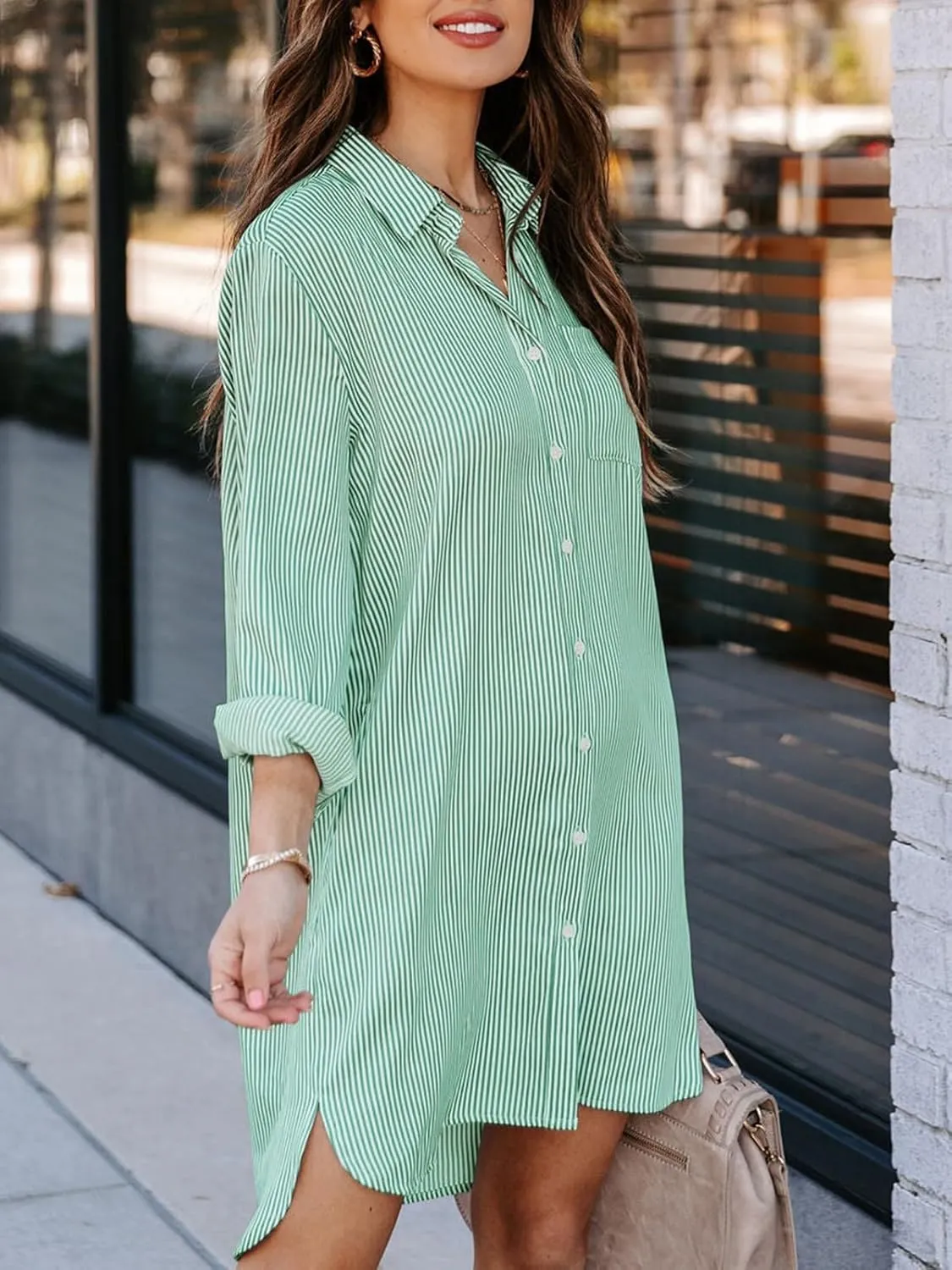 Womens Button Down Shirt Dresses with Pockets Cotton Striped Shirts Collared Tunics Long Sleeve High Low Blouse Tops
