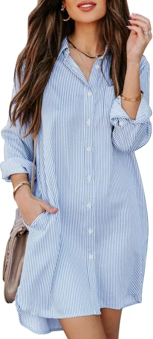 Womens Button Down Shirt Dresses with Pockets Cotton Striped Shirts Collared Tunics Long Sleeve High Low Blouse Tops