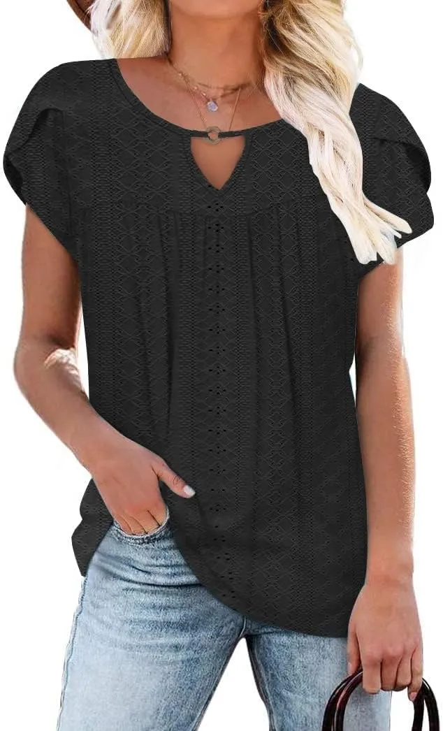 Women's Casual Dressy Short Petal Sleeve Shirts Pleated Fashion Front Key Hole Scoop Neck Floral Print Loose Fit Tops
