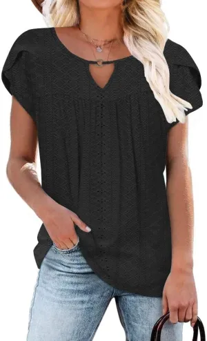 Women's Casual Dressy Short Petal Sleeve Shirts Pleated Fashion Front Key Hole Scoop Neck Floral Print Loose Fit Tops