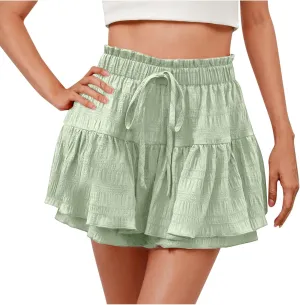 Women's Casual Skorts Fashion Ruffle Drawstring Skirt with Shorts Summer Solid High Waisted Skort 2025 Beach Clothes