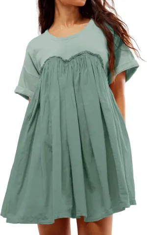 Womens Casual Summer Dress Short Sleeve Crewneck T Shirt Dresses Plus Size Patchwork Flowy Swing Mini Dress