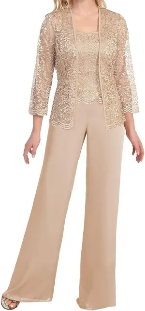 Women's Chiffon Lace Mother of The Bride Pants Suits 3 Pieces Evening Formal Dress Outfit Prom Wedding Party Gowns