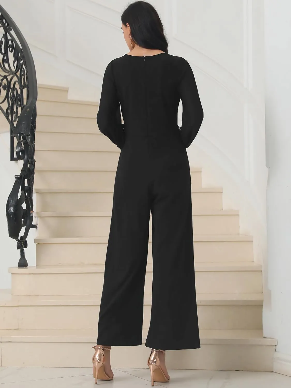 Women's Cocktail Jumpsuits Long Sleeve Beaded High Waist Wide Leg Pants Formal Dressy Rompers