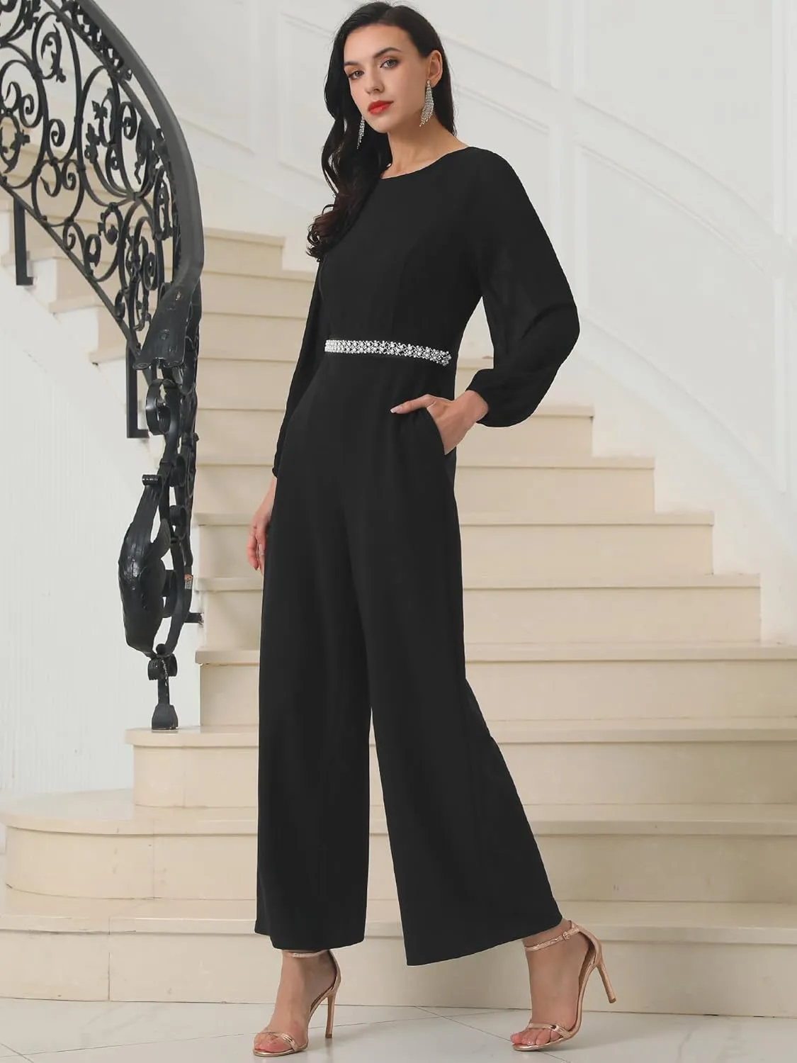Women's Cocktail Jumpsuits Long Sleeve Beaded High Waist Wide Leg Pants Formal Dressy Rompers