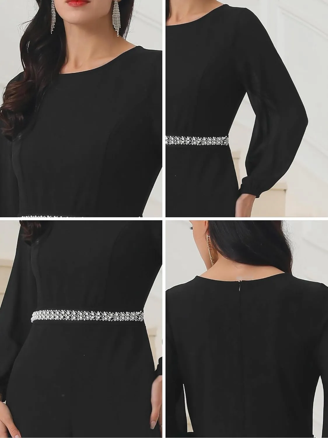 Women's Cocktail Jumpsuits Long Sleeve Beaded High Waist Wide Leg Pants Formal Dressy Rompers