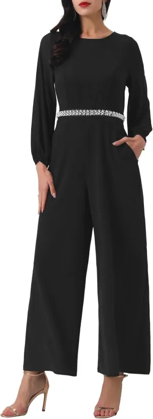 Women's Cocktail Jumpsuits Long Sleeve Beaded High Waist Wide Leg Pants Formal Dressy Rompers