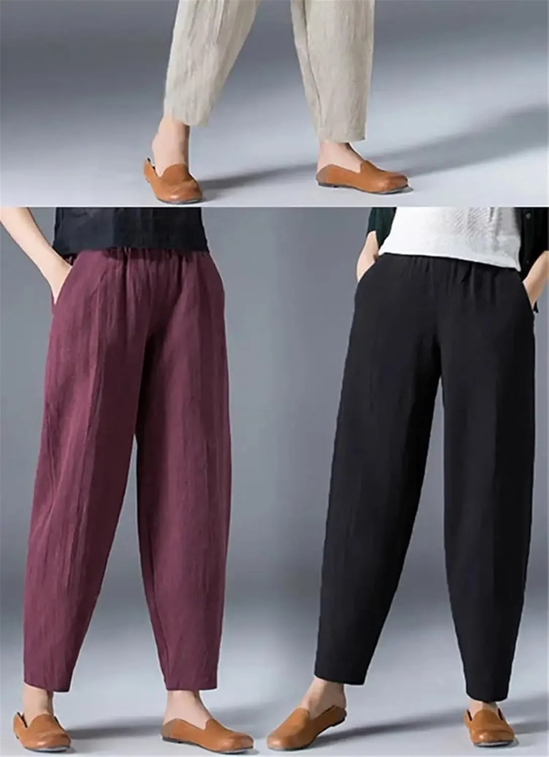 Women's Cotton Wide Leg Pants Spring Summer Casual Elastic Waist and Ankle Loose Oversized Harem Pants