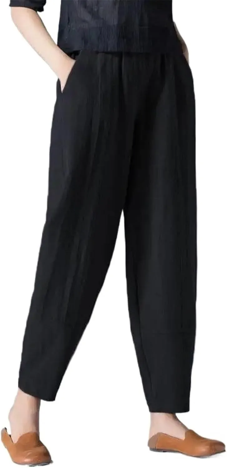 Women's Cotton Wide Leg Pants Spring Summer Casual Elastic Waist and Ankle Loose Oversized Harem Pants