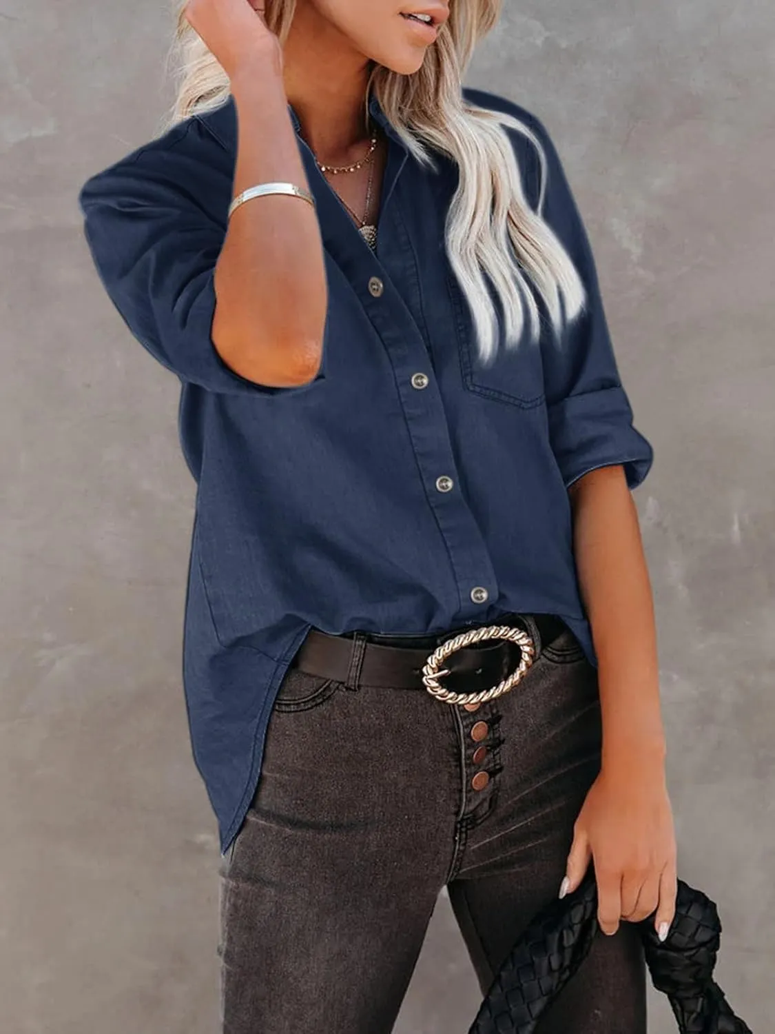 Women's Denim Button Down Shirt with Pockets Chambray Cotton Button Up Tunics Long Sleeve Solid High Low Blouse Tops