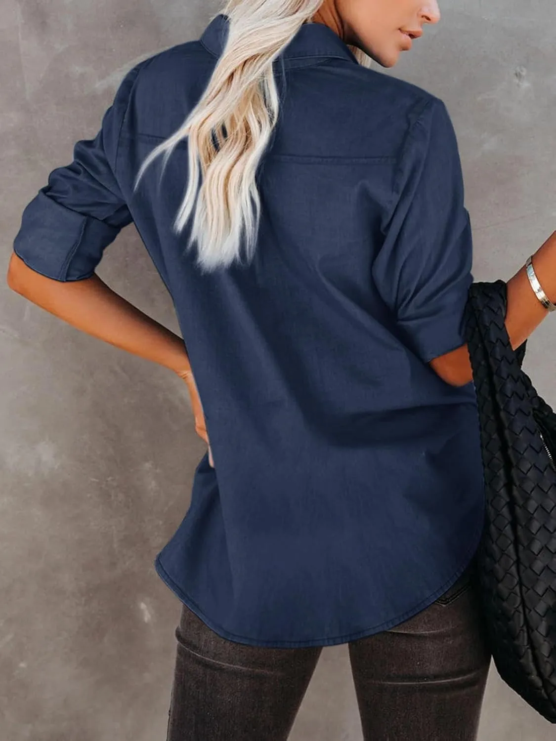 Women's Denim Button Down Shirt with Pockets Chambray Cotton Button Up Tunics Long Sleeve Solid High Low Blouse Tops