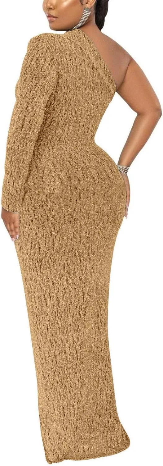Women's Formal Evening Gowns Elegant Sparkly One Shoulder Maxi Dresses Sexy Long Sleeve High Split Party Long Dress