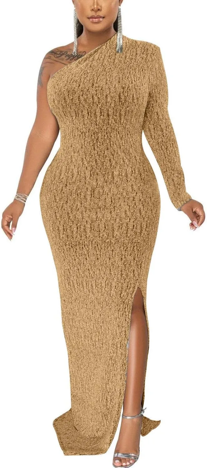 Women's Formal Evening Gowns Elegant Sparkly One Shoulder Maxi Dresses Sexy Long Sleeve High Split Party Long Dress