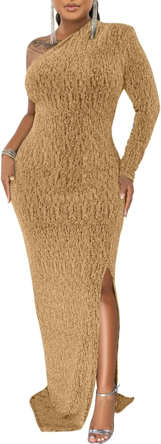 Women's Formal Evening Gowns Elegant Sparkly One Shoulder Maxi Dresses Sexy Long Sleeve High Split Party Long Dress
