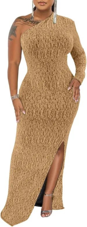 Women's Formal Evening Gowns Elegant Sparkly One Shoulder Maxi Dresses Sexy Long Sleeve High Split Party Long Dress