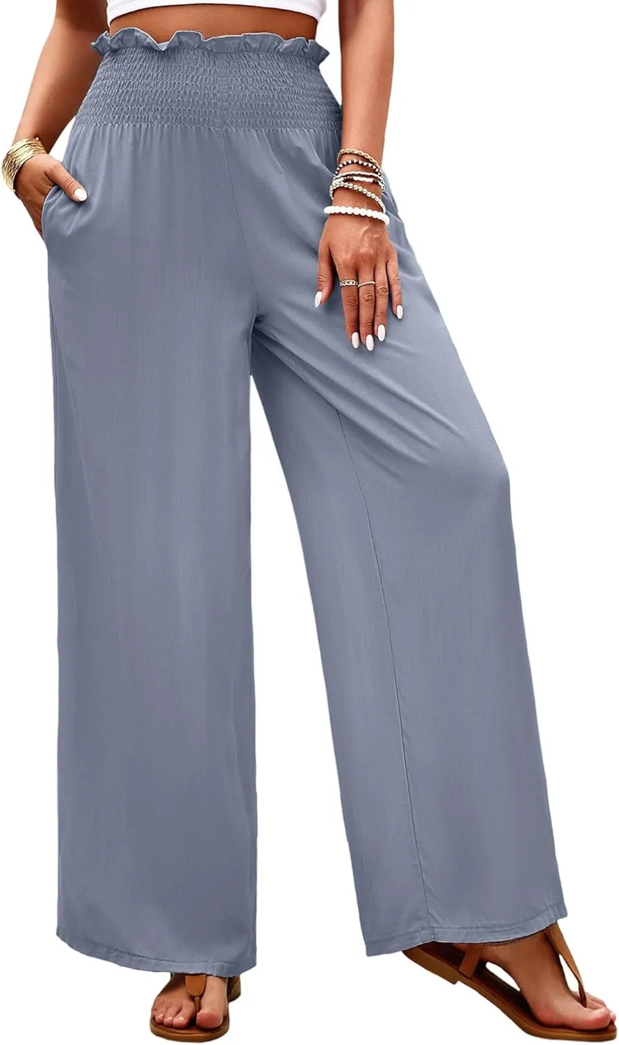 Women's High Waist Linen Palazzo Pants Summer Wide Leg Casual Lounge Trousers Long Pants with Pockets