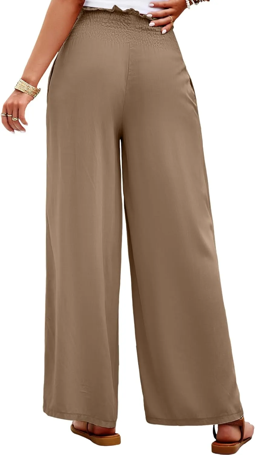 Women's High Waist Linen Palazzo Pants Summer Wide Leg Casual Lounge Trousers Long Pants with Pockets