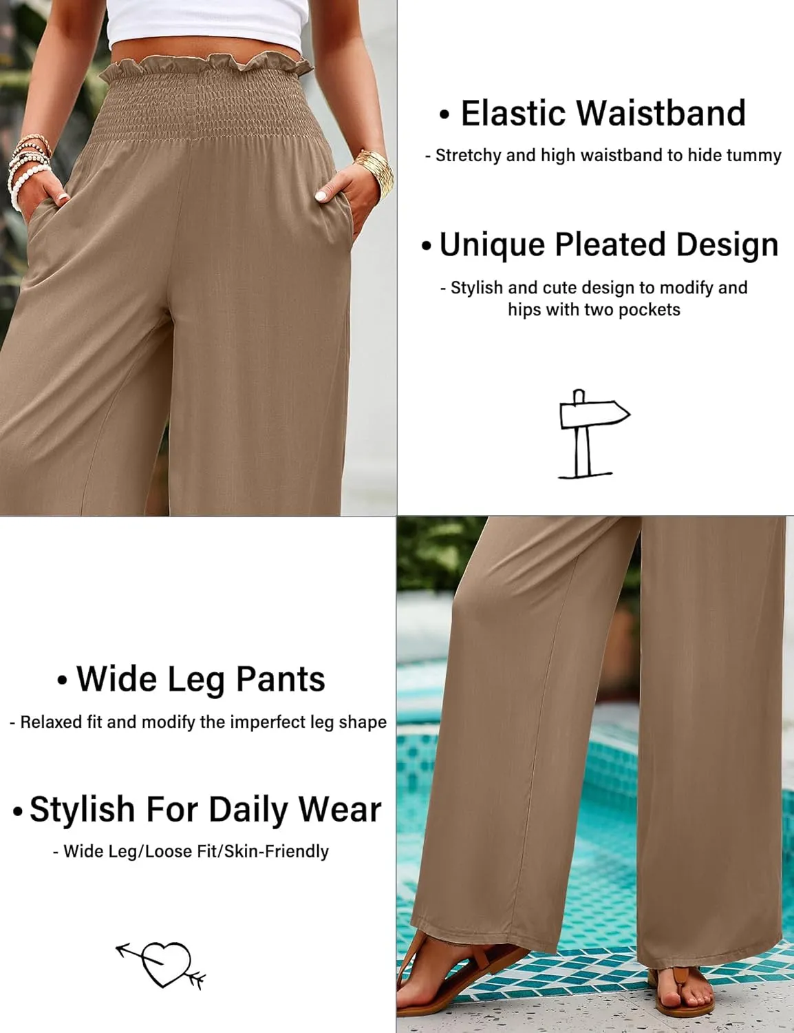 Women's High Waist Linen Palazzo Pants Summer Wide Leg Casual Lounge Trousers Long Pants with Pockets
