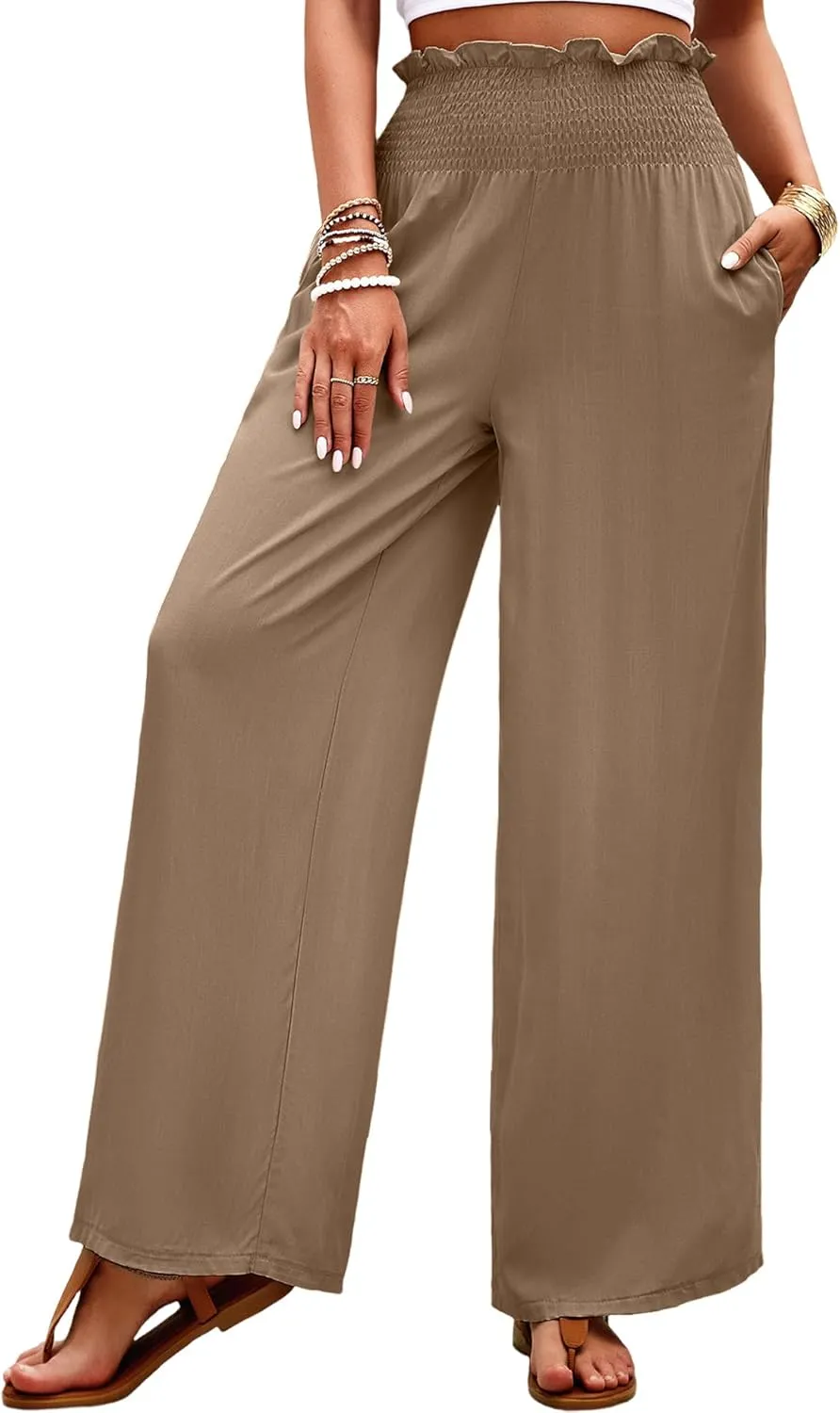 Women's High Waist Linen Palazzo Pants Summer Wide Leg Casual Lounge Trousers Long Pants with Pockets