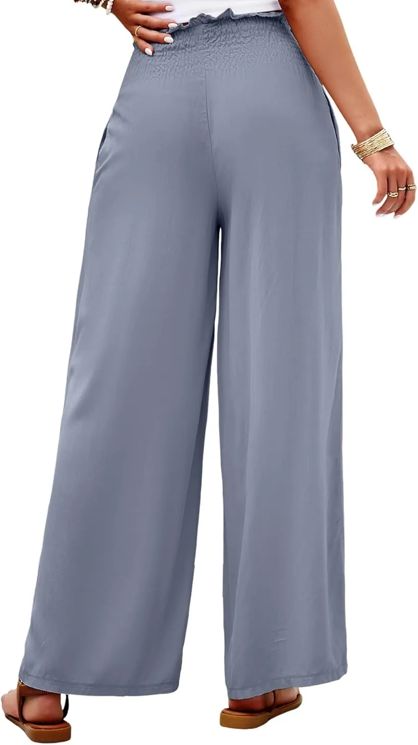 Women's High Waist Linen Palazzo Pants Summer Wide Leg Casual Lounge Trousers Long Pants with Pockets