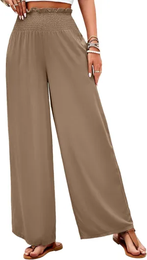 Women's High Waist Linen Palazzo Pants Summer Wide Leg Casual Lounge Trousers Long Pants with Pockets