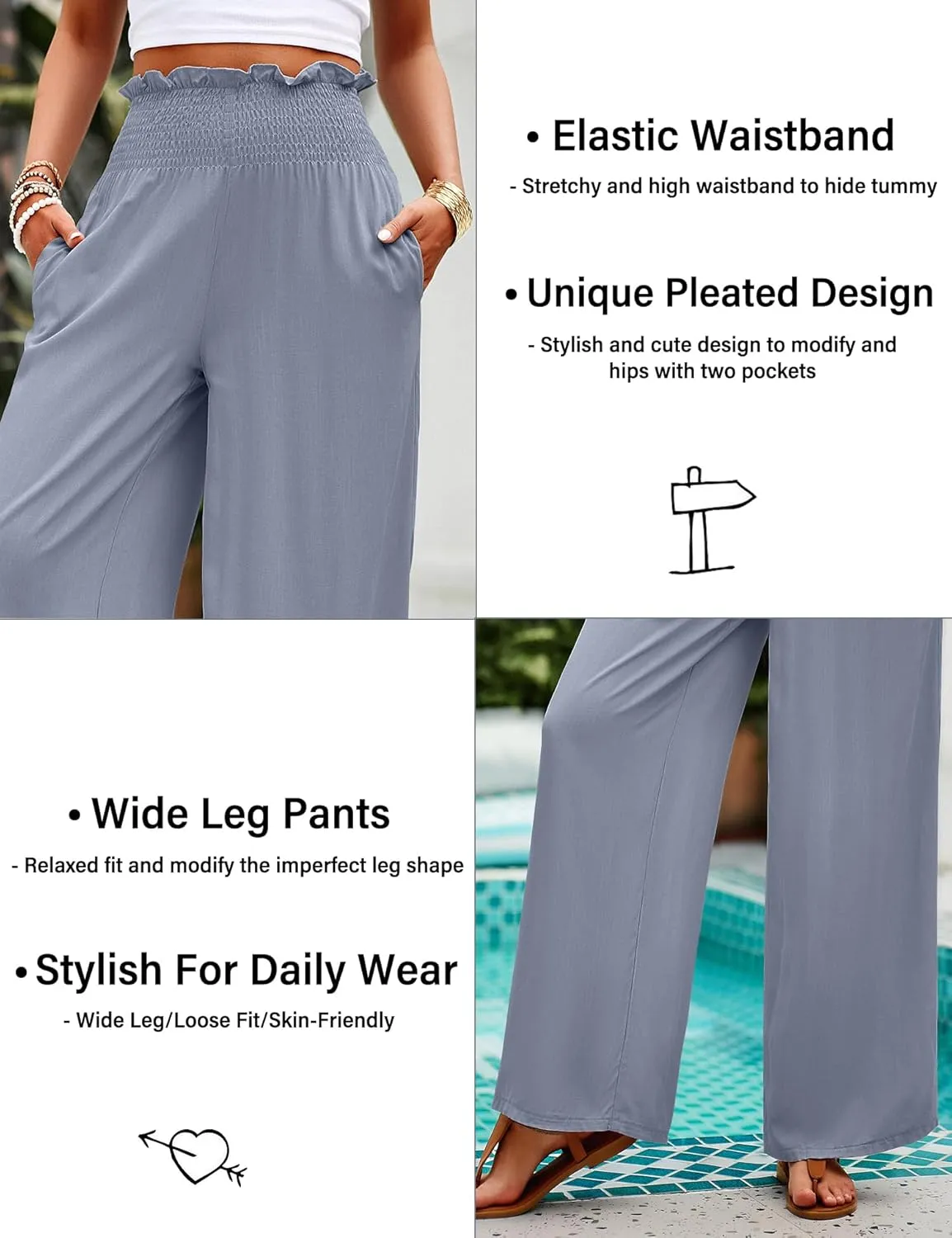 Women's High Waist Linen Palazzo Pants Summer Wide Leg Casual Lounge Trousers Long Pants with Pockets