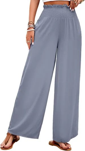 Women's High Waist Linen Palazzo Pants Summer Wide Leg Casual Lounge Trousers Long Pants with Pockets