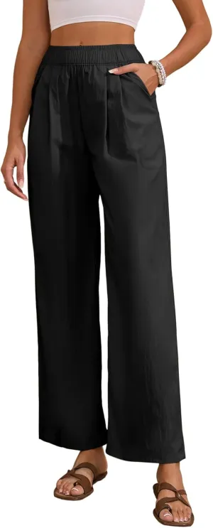 Women's High Waisted Wide Leg Pants 2025 Summer Casual Palazzo Pants Lounge Flowy Beach Trousers with Pockets