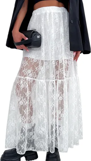 Womens Lace Maxi Skirt A-Line Long Sheer Mesh Skirts Y2K High Elastic Waist Tiered Skirt Sexy See Through