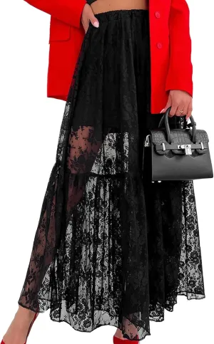 Womens Lace Maxi Skirt A-Line Long Sheer Mesh Skirts Y2K High Elastic Waist Tiered Skirt Sexy See Through