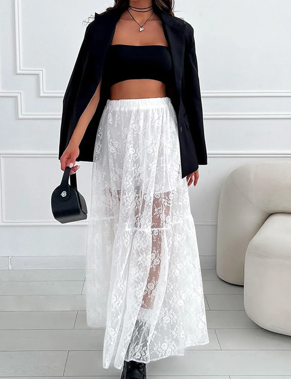 Womens Lace Maxi Skirt A-Line Long Sheer Mesh Skirts Y2K High Elastic Waist Tiered Skirt Sexy See Through